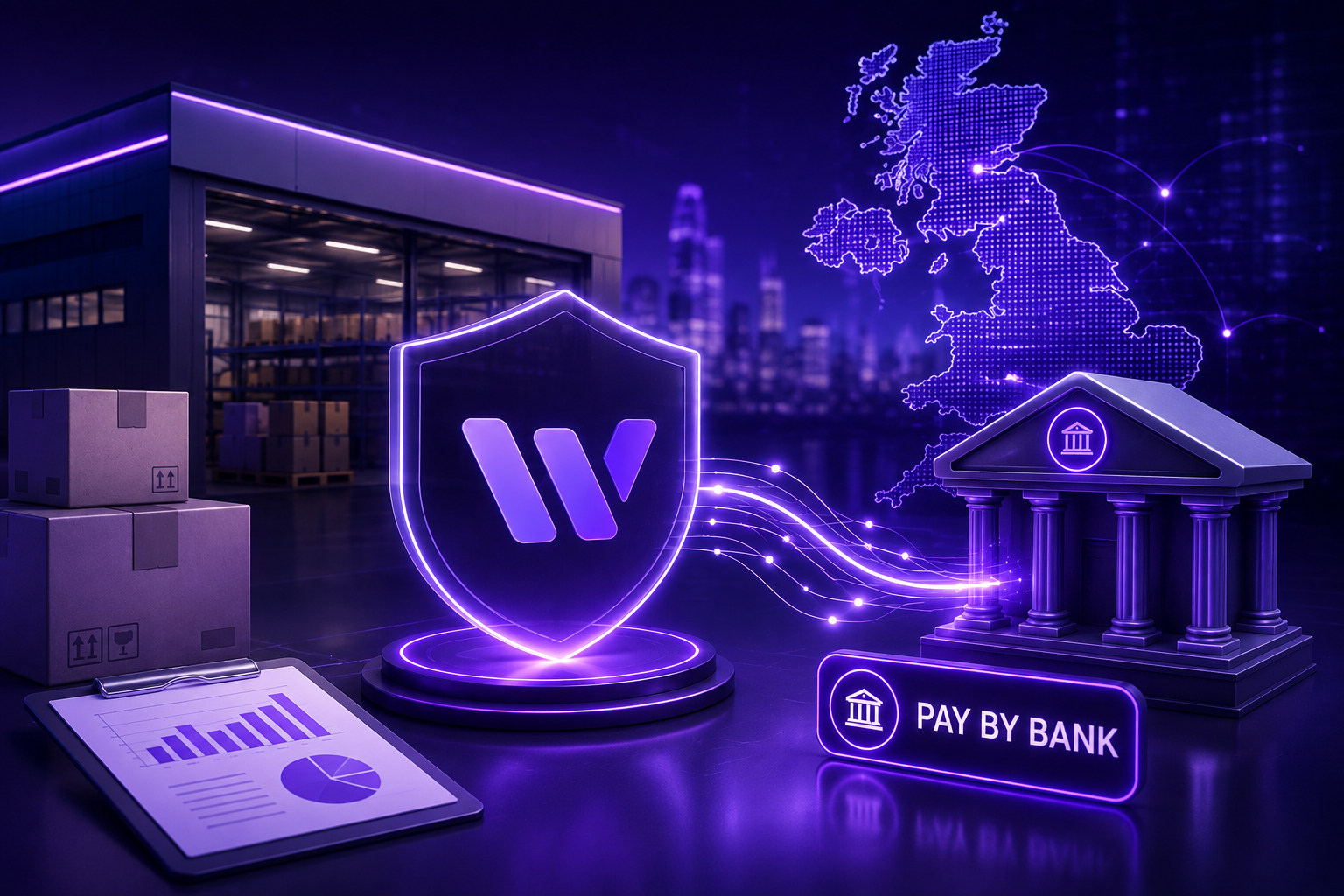 Futuristic illustration of a UK wholesale payment network showing Pay by Bank Open Banking infrastructure secure business payments and Wallid technology.