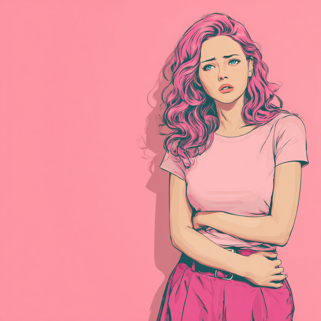 Молодая женщина с розовыми волнистыми волосами, одетая в светло-розовую футболку и брюки, скрестившая руки на животе.