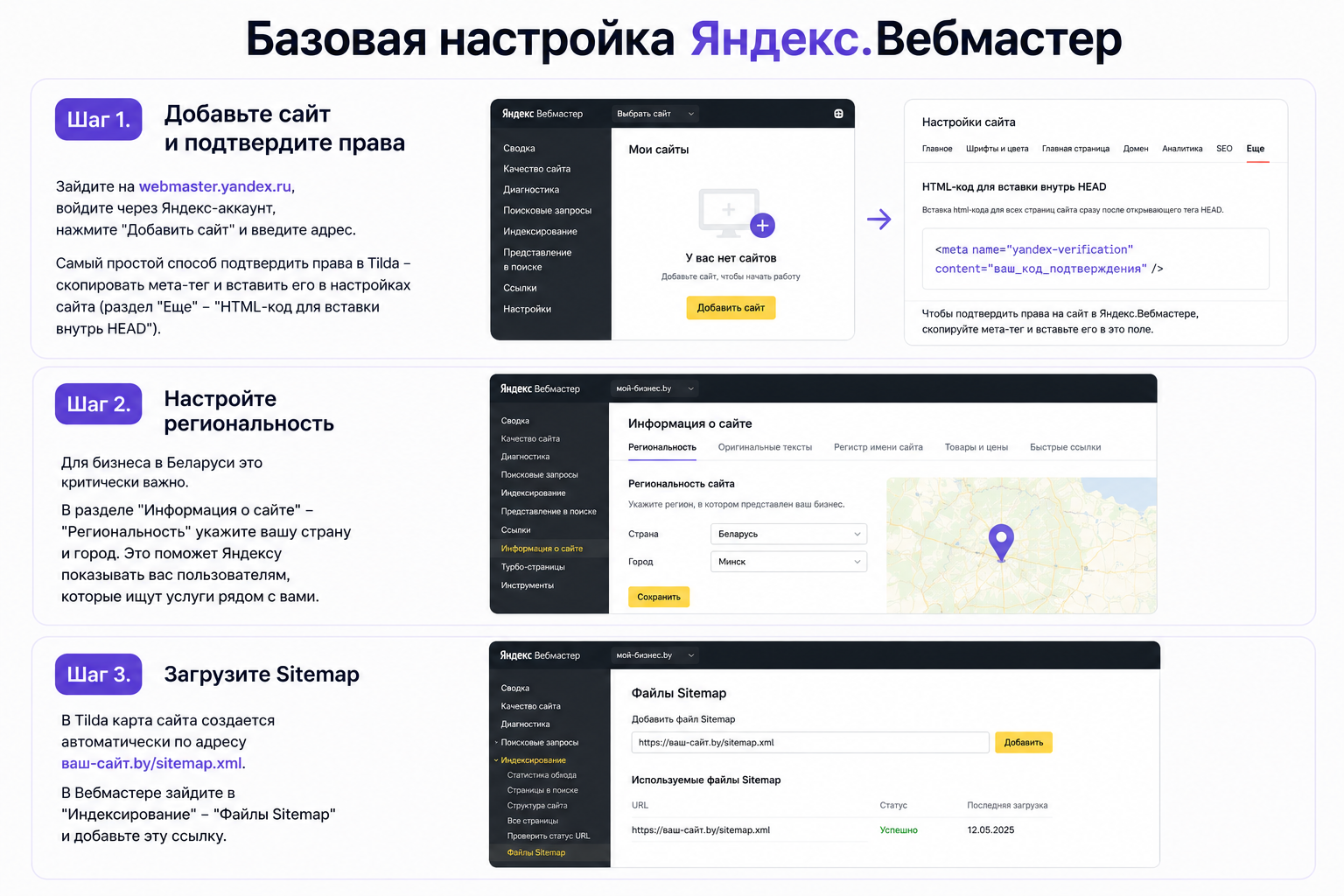 Пошаговая базовая настройка Яндекс Вебмастера на Тильде