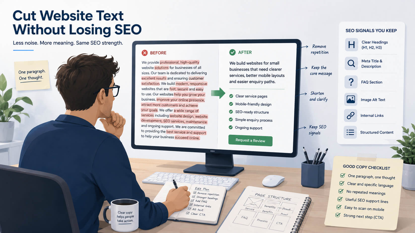 Website copy editing concept showing repeated text being reduced into clear sections while SEO headings FAQs and internal links remain in place