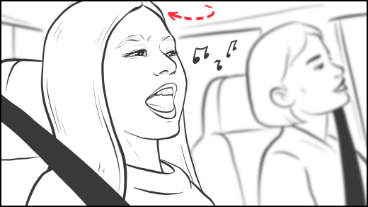 Boceto en blanco y negro de la escena: una chica canta en el coche, emociones de alegría, atmósfera musical durante el trayecto.
