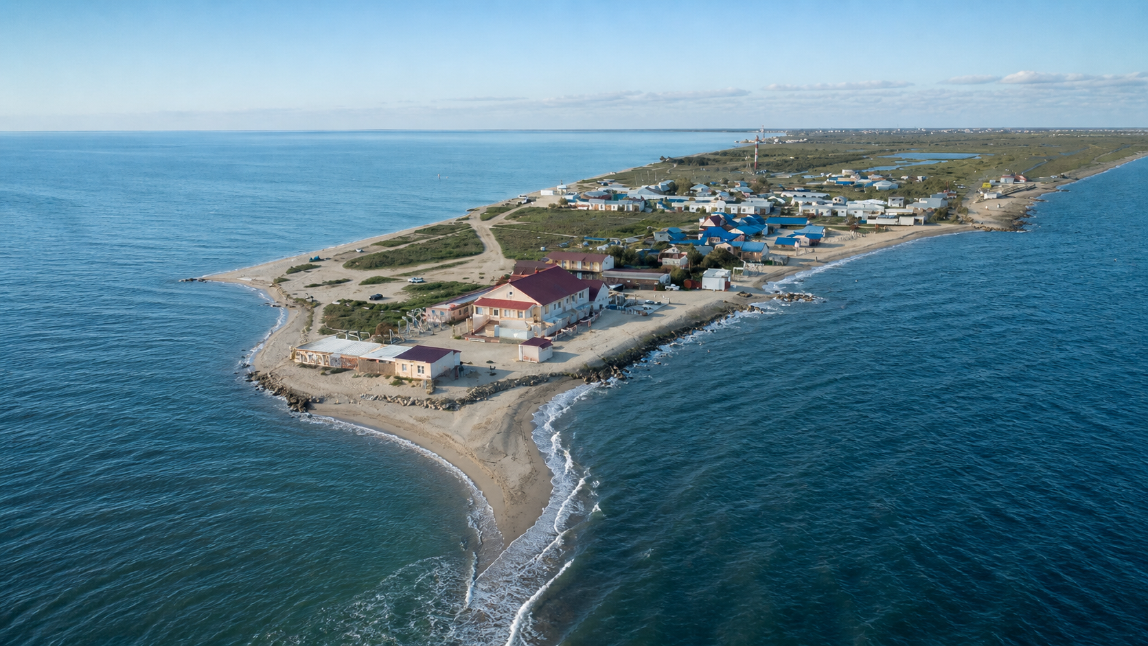 Вид с высоты на туристическую базу на оконечности косы Долгой на Азовском море