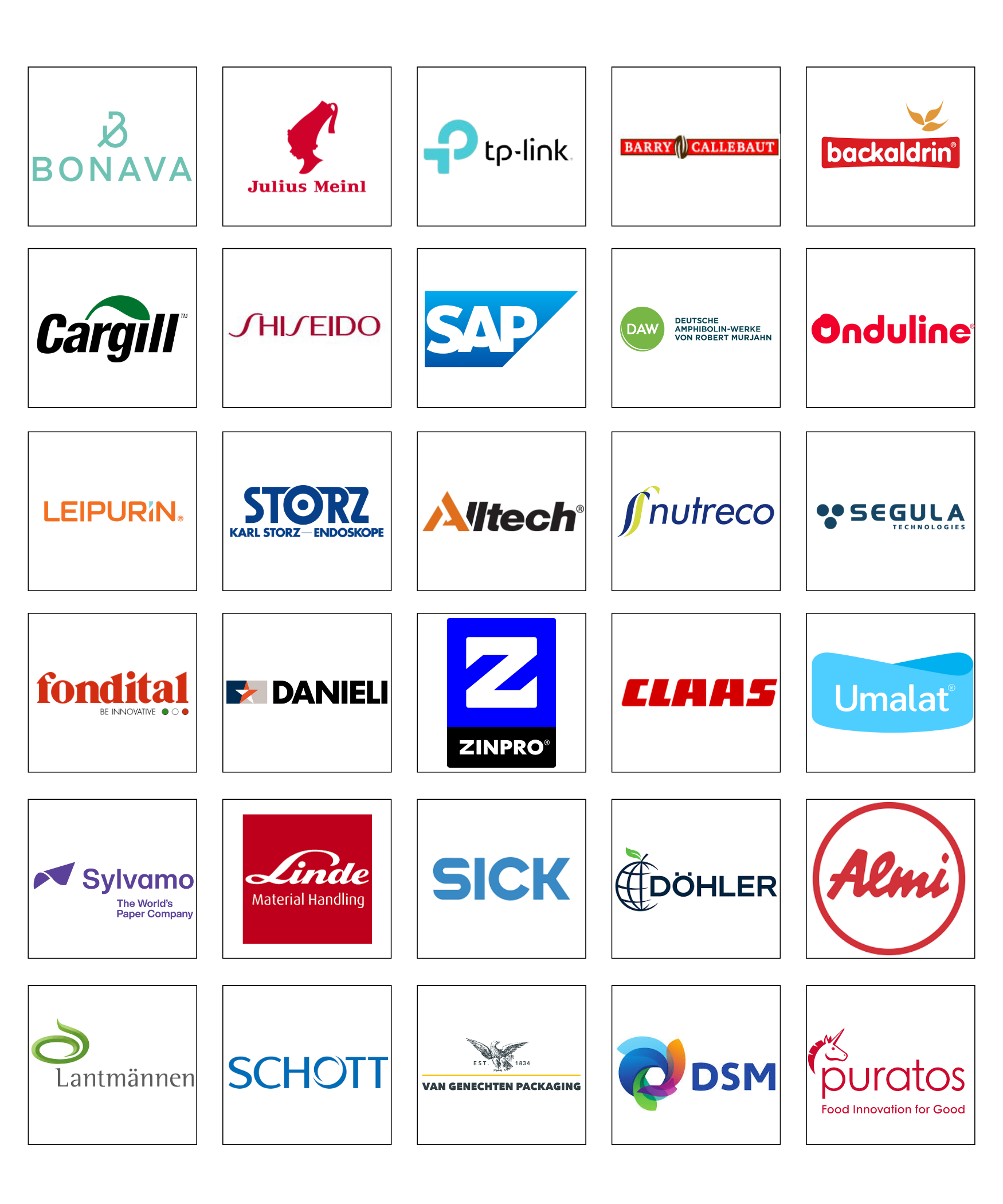 Изображение с логотипами клиентов компании Quest Business Psychology, включая логотипы SAP, Cargill, Barry Callebaut и других. Логотипы представлены в виде сетки или ряда, демонстрируя разнообразие крупных компаний, с которыми сотрудничает Quest Business Psychology.