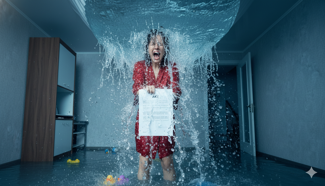 Затопили соседи как получить компенсацию: пострадавшая держит правильно составленный акт осмотра на фоне протечки