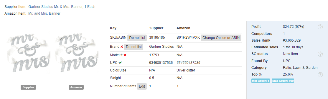 57% and $24.72 profit wedding banner for dropshipping from Walmart on Amazon