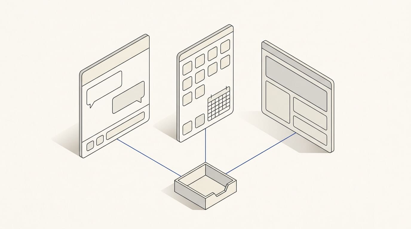 A bot conversation, mini application and website page connected to a shared enquiry tray.