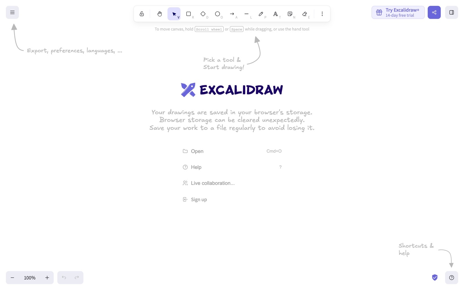 Excalidraw homepage screenshot: open-source online whiteboard with a hand-drawn style