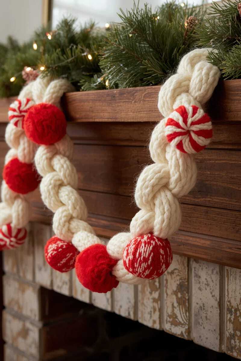 Гирлянда из толстой шерсти с мятным узором и красными помпонами 1