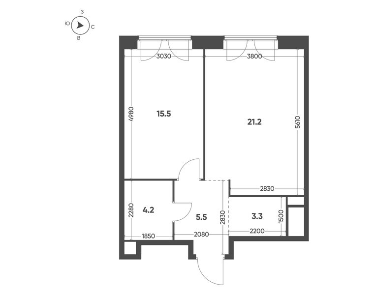 Планировка: 1-комнатная квартира 49,7 м² в ЖК «Мариин Парк», секция 1.1, 10-й этаж