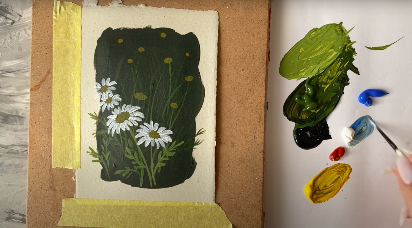 How to prepare the canvas or surface for painting daisies with acrylic paints?