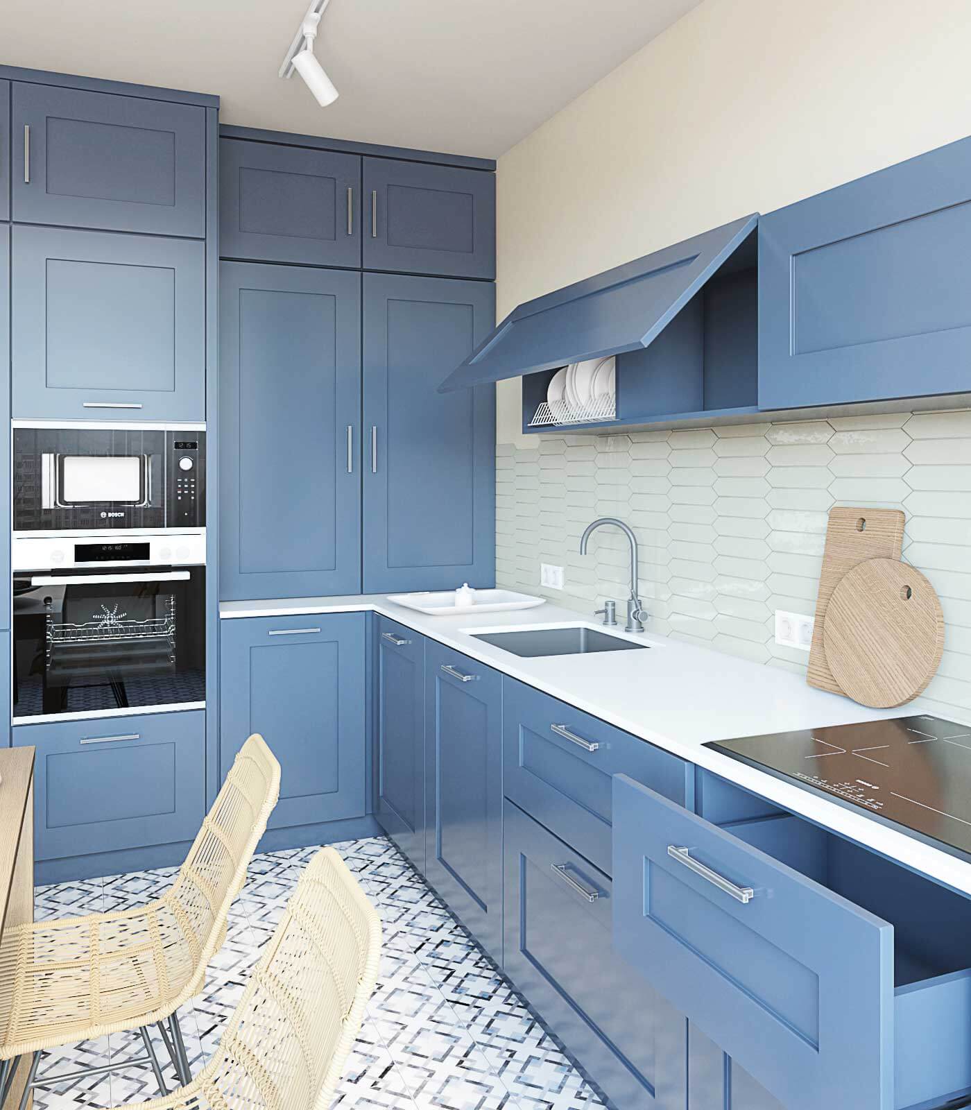 Синяя угловая кухня, навесные шкафы, белая столешница