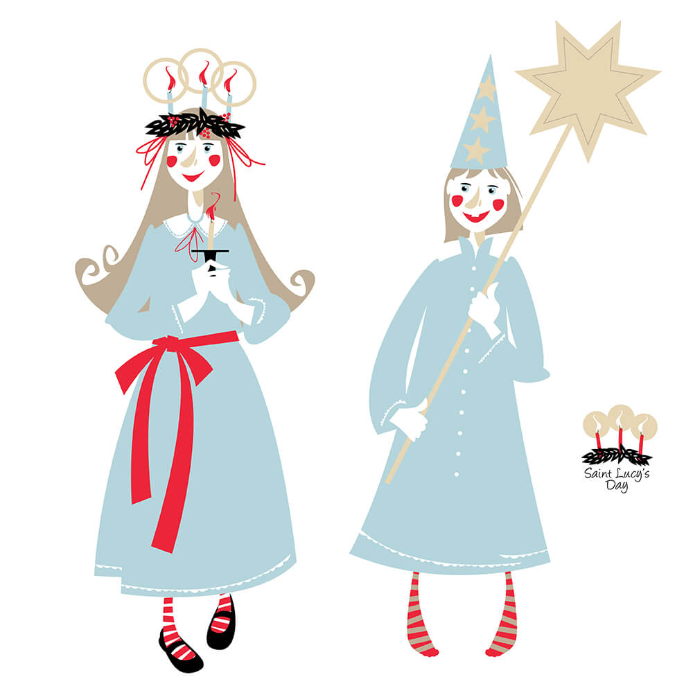 Девочка и мальчик в костюмах св. Люсии в Швеции