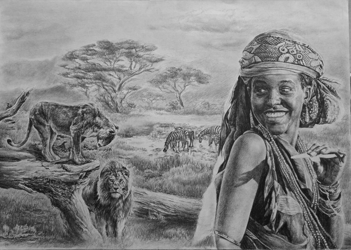 Африканка, саванна, львы, купить картину, рисунки, графика рисунки, романтика, рисунки карандашом, зебра, нарисовать рисунок, красивые рисунки, творчество, Африка, рисунки графикой, картины художников, графика купить, красивые картины, картины