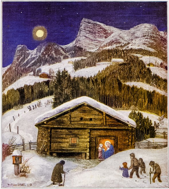 Сцена Рождества на открытке немецкого художника Маттеуса Шистля. 