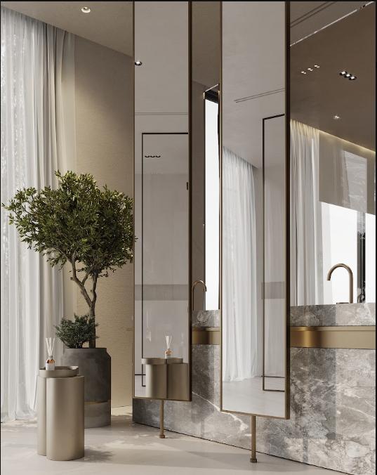 латунь в  интерьере в сочетании с зеркалами в проекте студии P.S. Interior