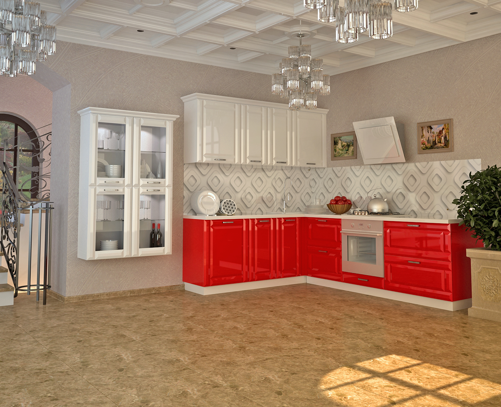 кухня угловая верх белый низ красный