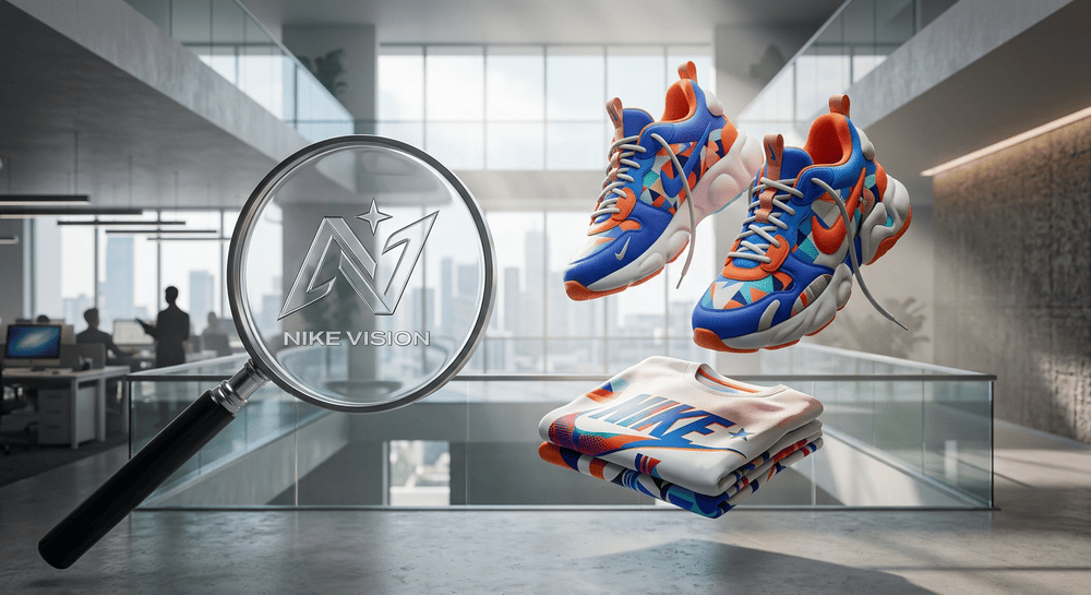 Оригинальные кроссовки и футболка Nike, видимые через увеличительное стекло