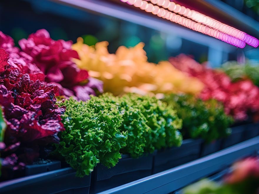 Colorful array of lettuce varieties under grow lights, showcasing healthy indoor gardening practices for seedlings.