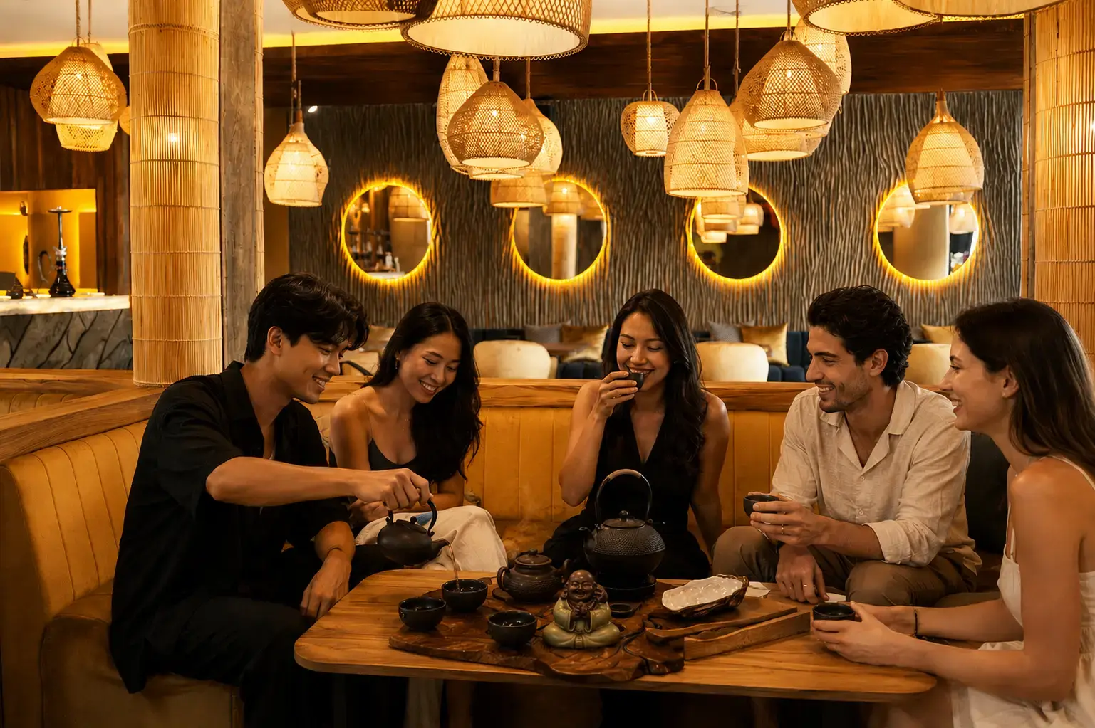 A gathering of five friends enjoys a golden hour tea ceremony at Eden Hookah Club Uluwatu, surrounded by warm hanging basket lamps and unique neon-lit arches, capturing the coastal elegance that makes this experience a contender for the best tea house in Bali at sunset.
