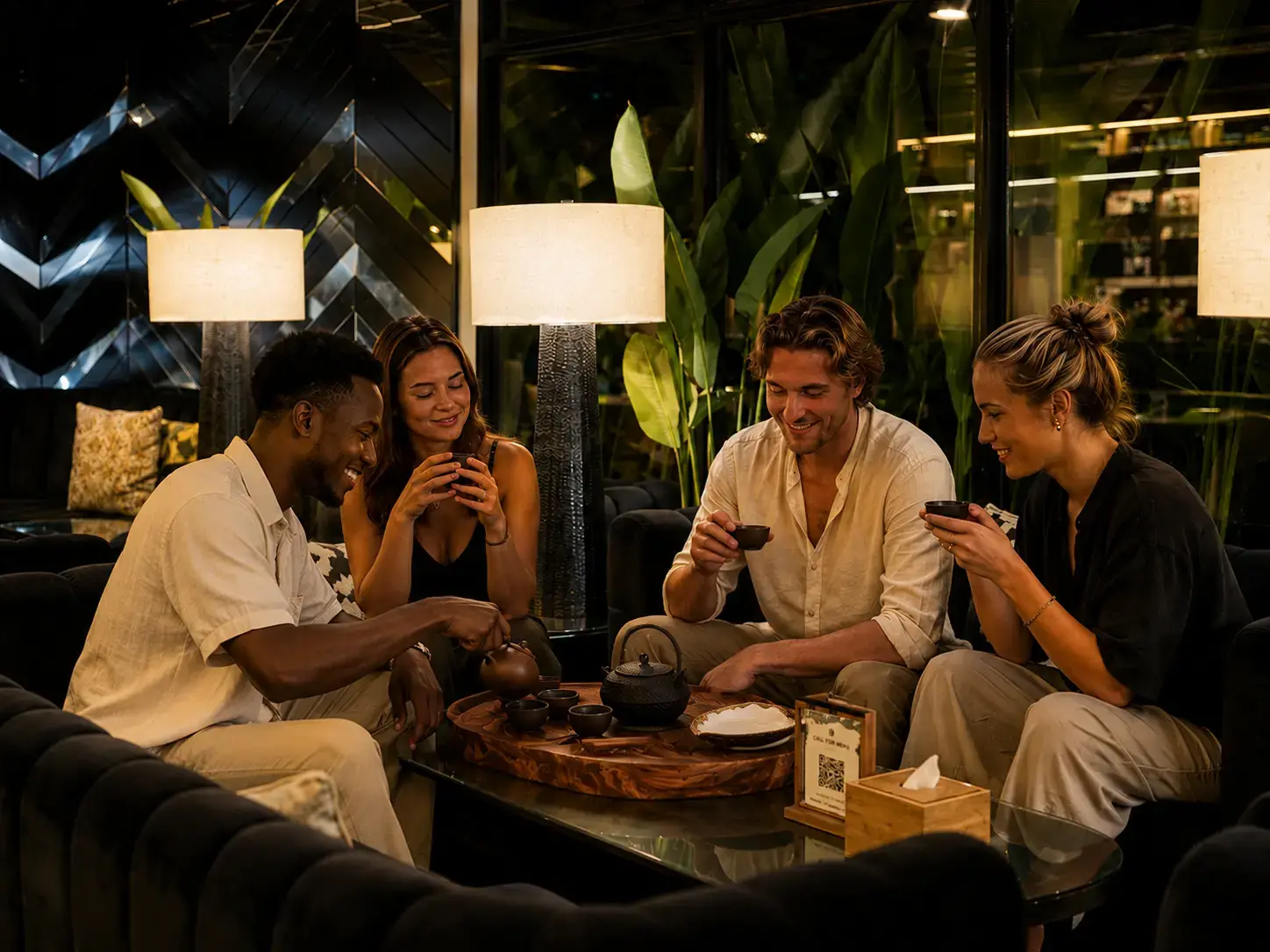 A group of four diverse friends laugh and share a Chinese tea session in the sophisticated, community-oriented lounge at Eden Hookah Club Canggu, perfect for digital nomads searching for a refined pause in Bali.