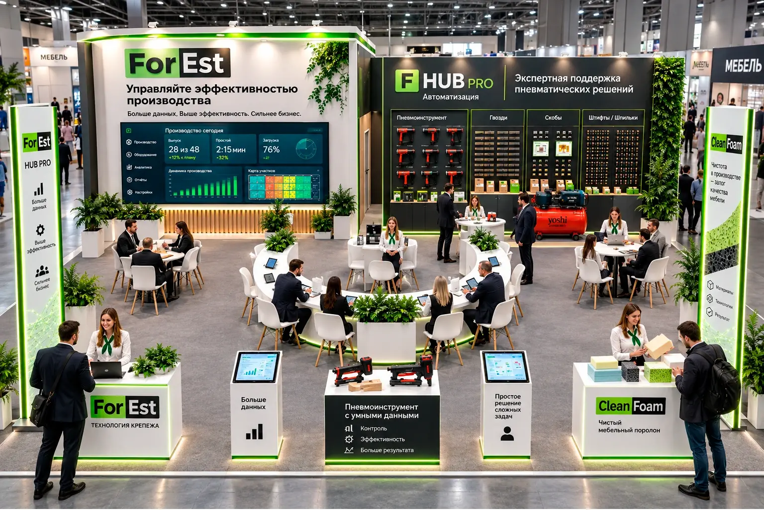 Стенд ForEst на выставке МЕБЕЛЬ-2026: HUB PRO, производственная аналитика, крепёж, оборудование и Clean Foam