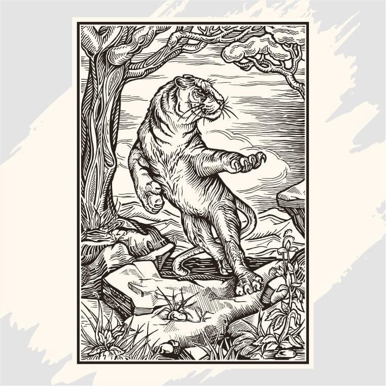 графика, рисунок стилизованного тигра, пейзаж, картина в интерьер, на стену, книжная графика