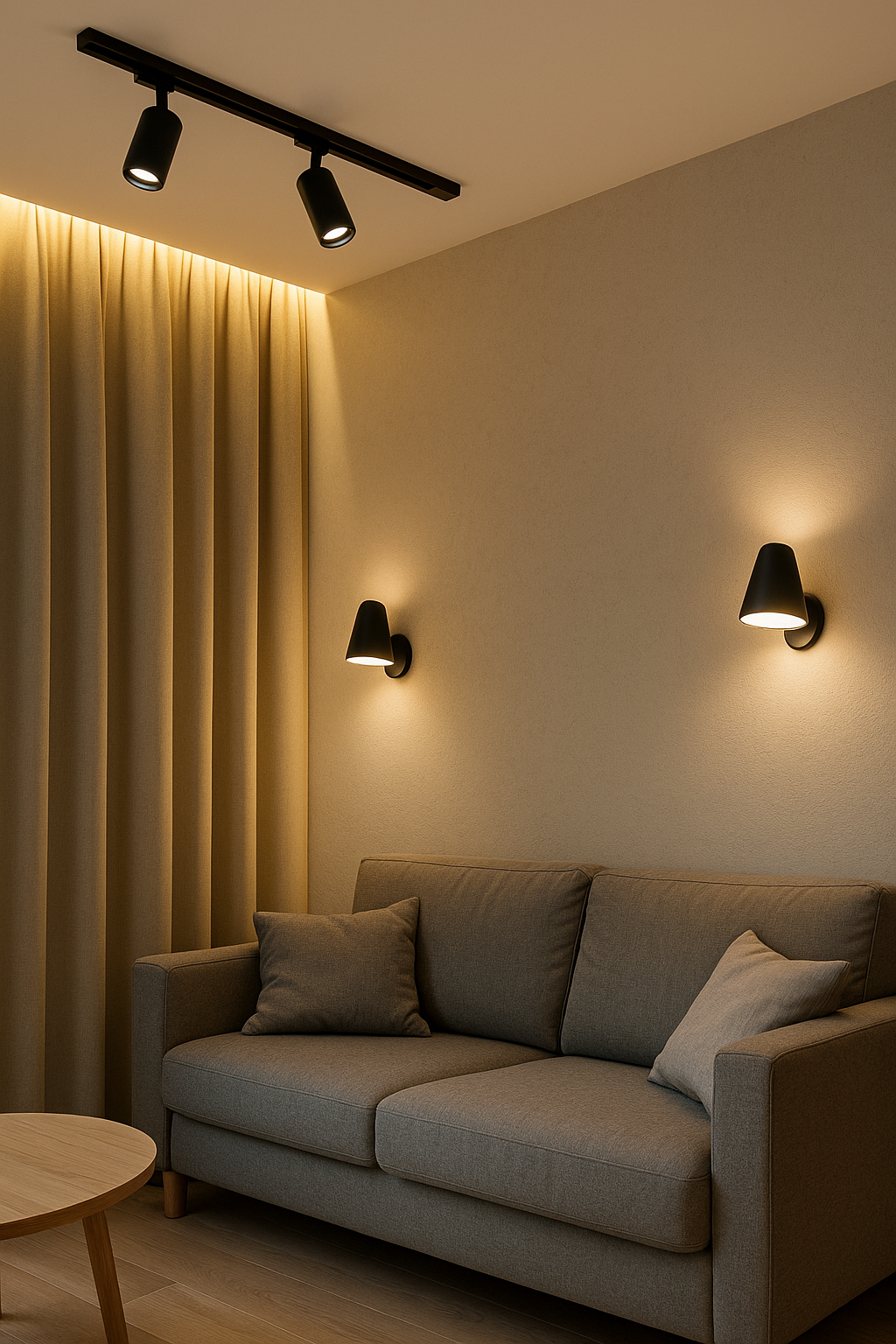 Современные светильники: трек, подсветка штор и бра над диваном в гостиной.
