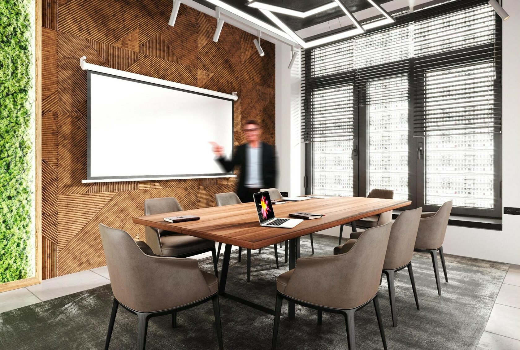 переговорная с декоративной стеной деревянная рейки панели мох на стене растения в интерьере проектор прикольный 