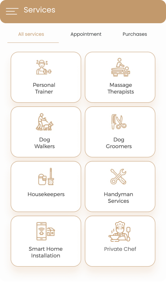 Services offered: Personal trainers, massage therapists, dog walkers and groomers, housekeepers, handyman services, smart home installation, and private chef.