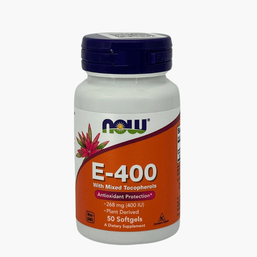 Упаковка Now E 400 — витамин E для защиты клеток от свободных радикалов и улучшения состояния кожи.