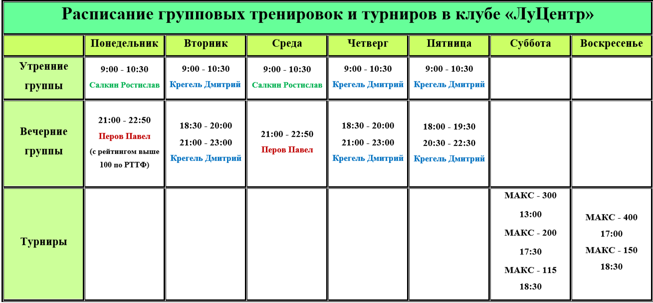 Расписание занятий и турниров по настольному теннису