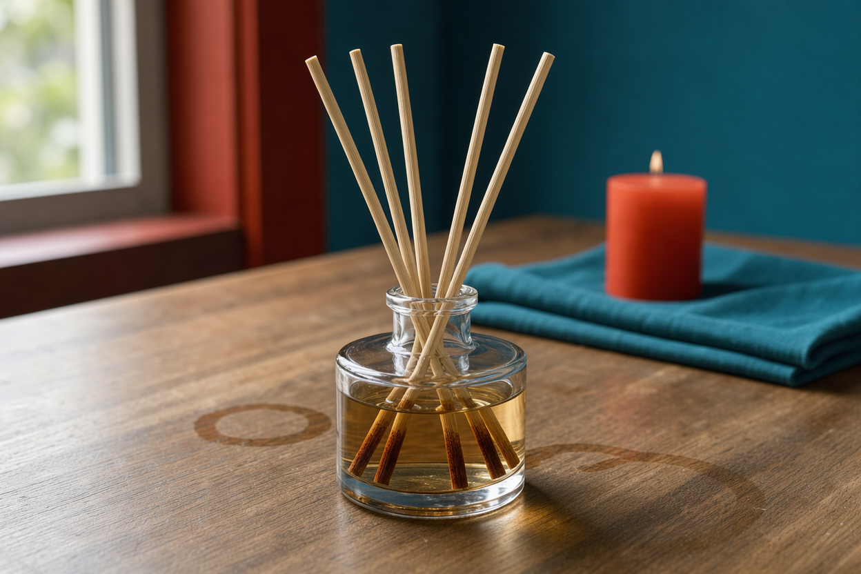 close-up of a glass bottle reed diffuser with several natural rattan sticks absorbing liquid, placed on a wooden surface with soft daylight