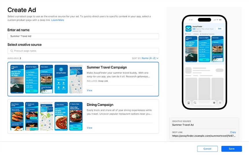 Пример Custom Product Pages в Apple Search Ads — разные скриншоты и описание под каждый сегмент ключевых слов