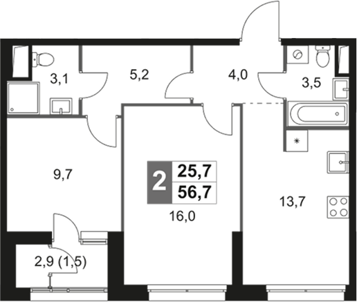 2-комн — 56,7 м²