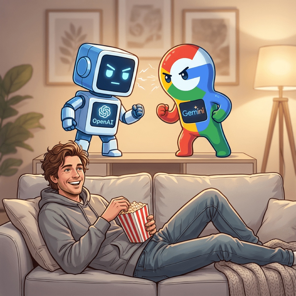 OpenAI и Gemini от Google сошлись в схватке, а пользователь с попкорном наблюдает за гонкой за ИИ