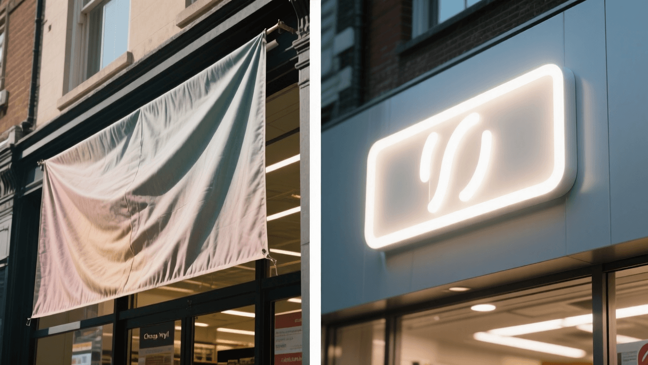 Сравнение фасада с баннером и световой вывеской: баннер потерял форму, вывеска светится и выглядит аккуратно