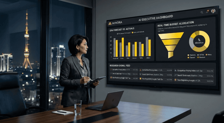  CMO in a Tashkent office reviewing a Minora AI executive dashboard that connects pre-launch CPA forecasts, live ROAS optimization, and autonomous budget reallocation data in a single unified view across the full campaign lifecycle.