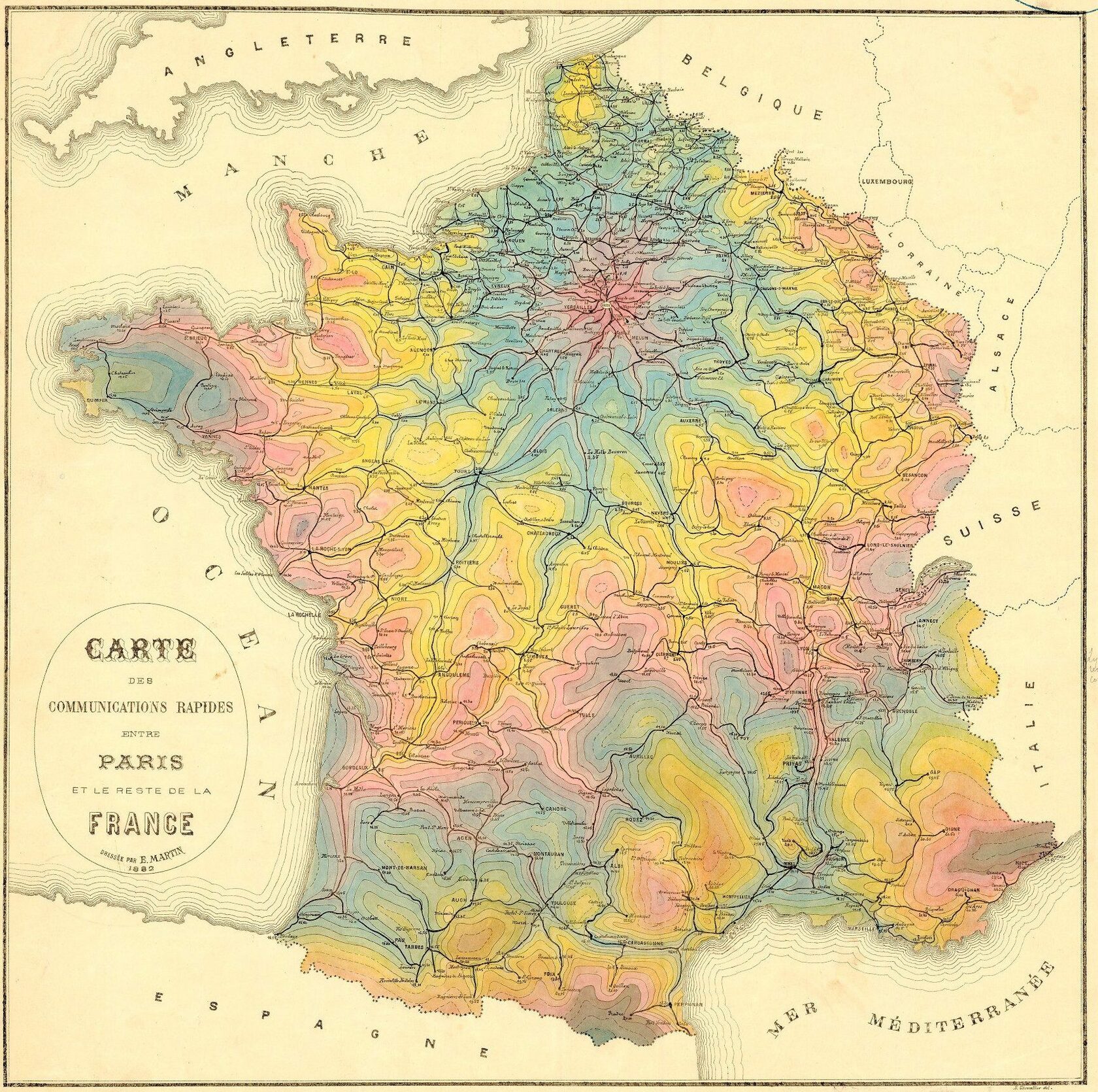 An 1882 isochrone map, showing travel times to and from Paris.
