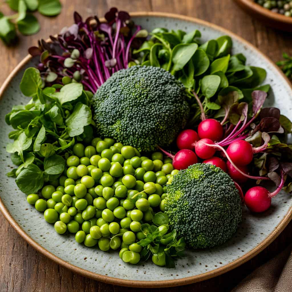 Разноцветная микрозелень в тарелке крупным планом — брокколи, редис, горох