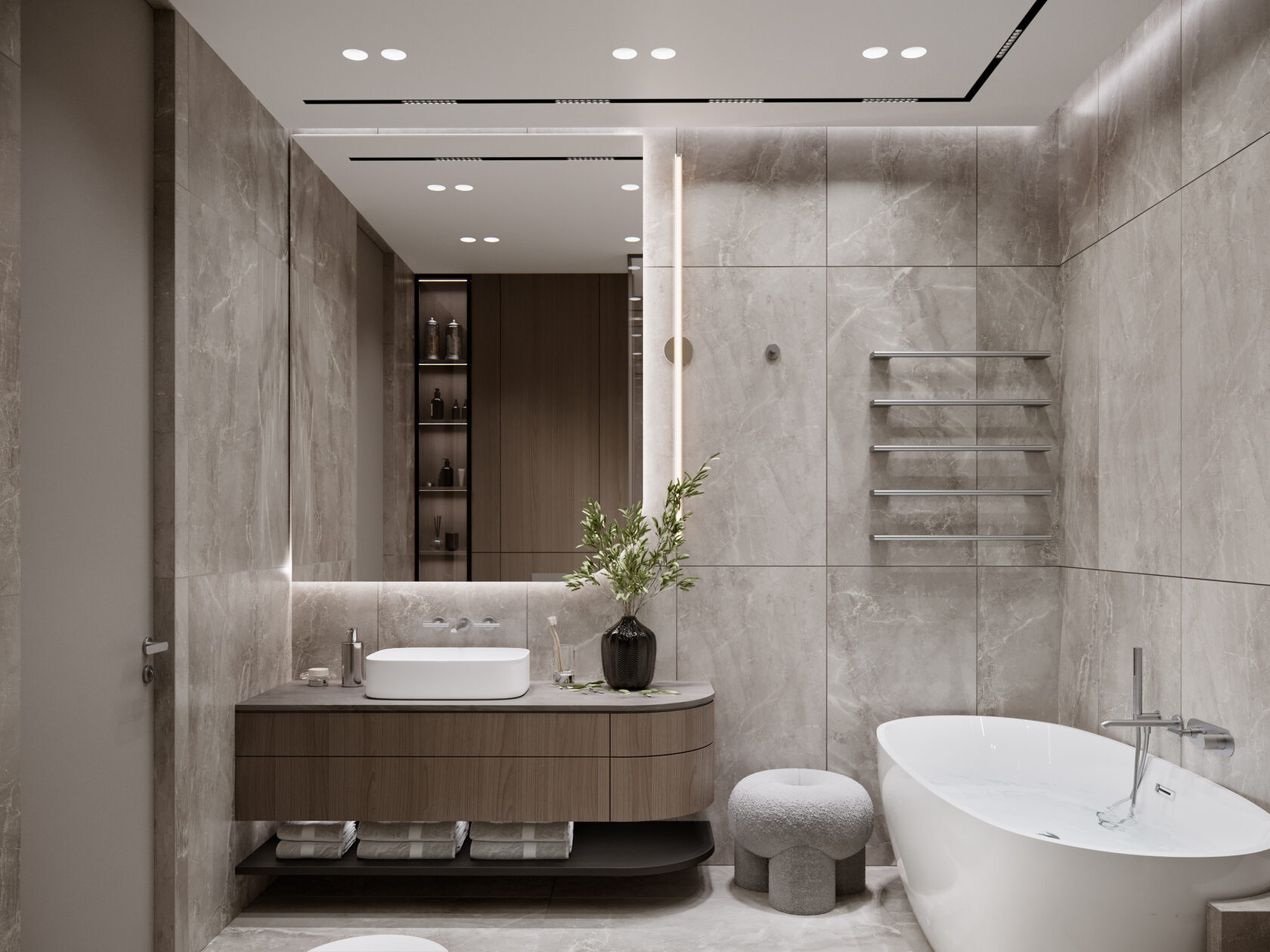 Дизайн интерьера мастер-санузла в минималистичном стиле, с использованием натуральных оттенков
