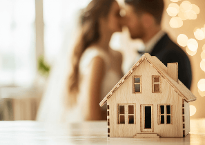 Миниатюрный деревянный дом на фоне размытого изображения жениха и невесты, символизирующий дом брака в карте Ба Цзы