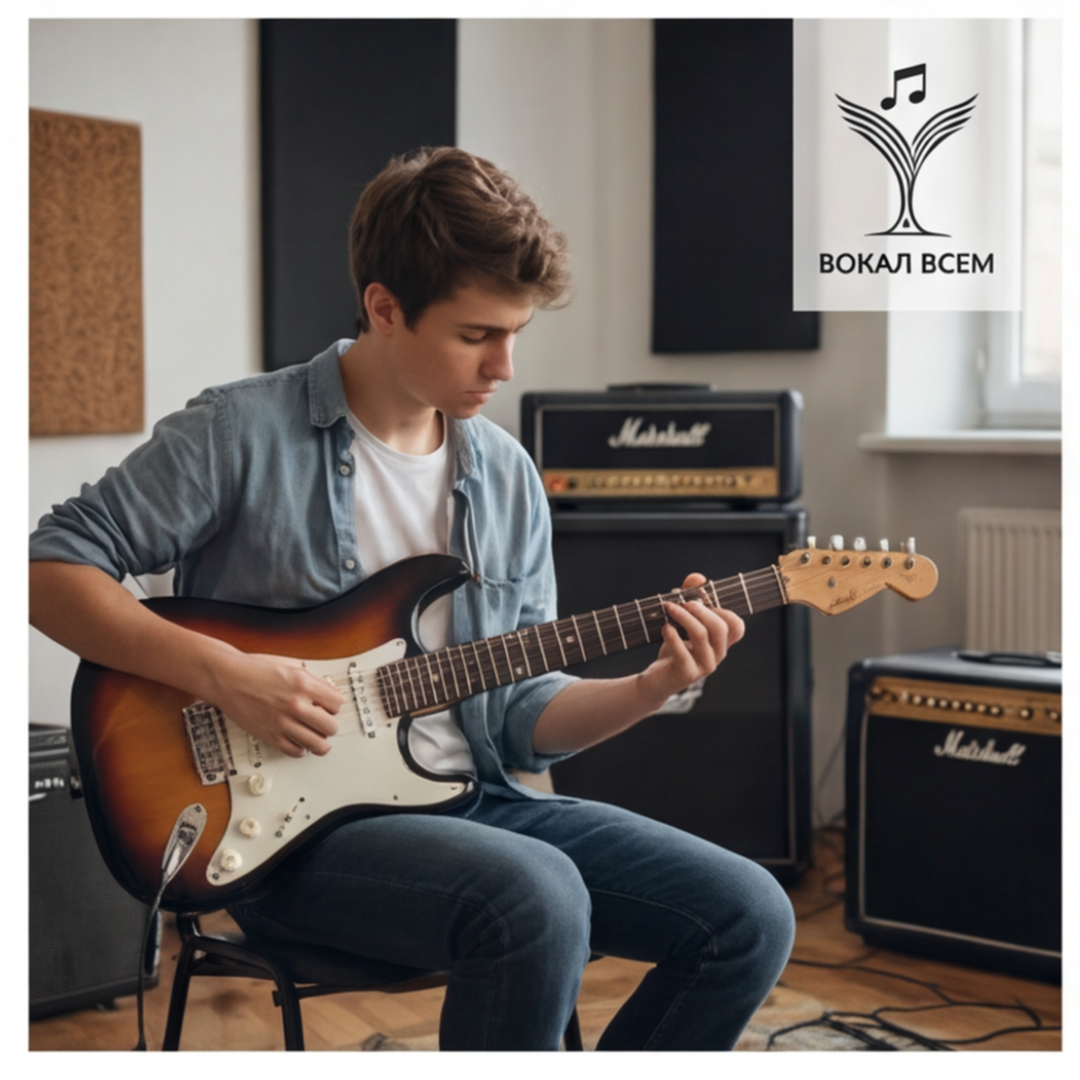 Ученик играет на электрогитаре на уроке в школе музыки Вокал Всем в Москве