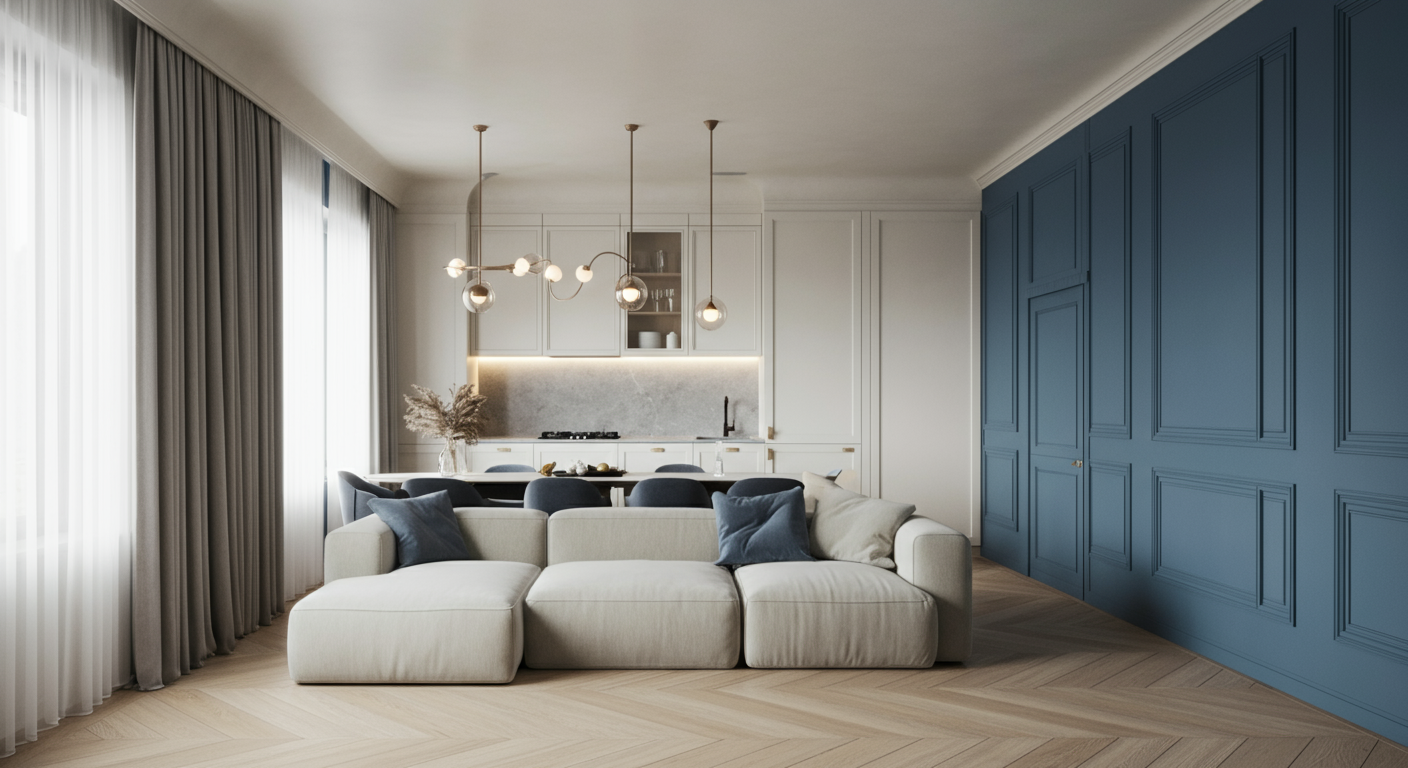 Премиальный интерьер гостиной-кухни в Москве светлый модульный диван, панельная стена насыщенного синего, кухня с латунными подвесами, паркет «ёлка» — пример дизайнерского ремонта luxury под ключ.