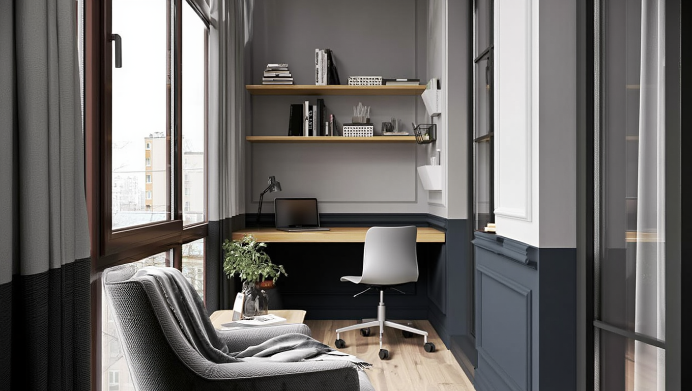 Остекленный балкон с теплыми ПВХ окнами, превращенный в современный домашний кабинет с рабочим столом и полками — пример функционального использования дополнительного пространства