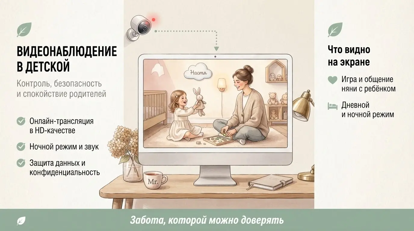 система видеонаблюдения в детской комнате, экран монитора с изображением ребёнка, играющего с няней, камера в углу комнаты, иллюстрация контроля и безопасности