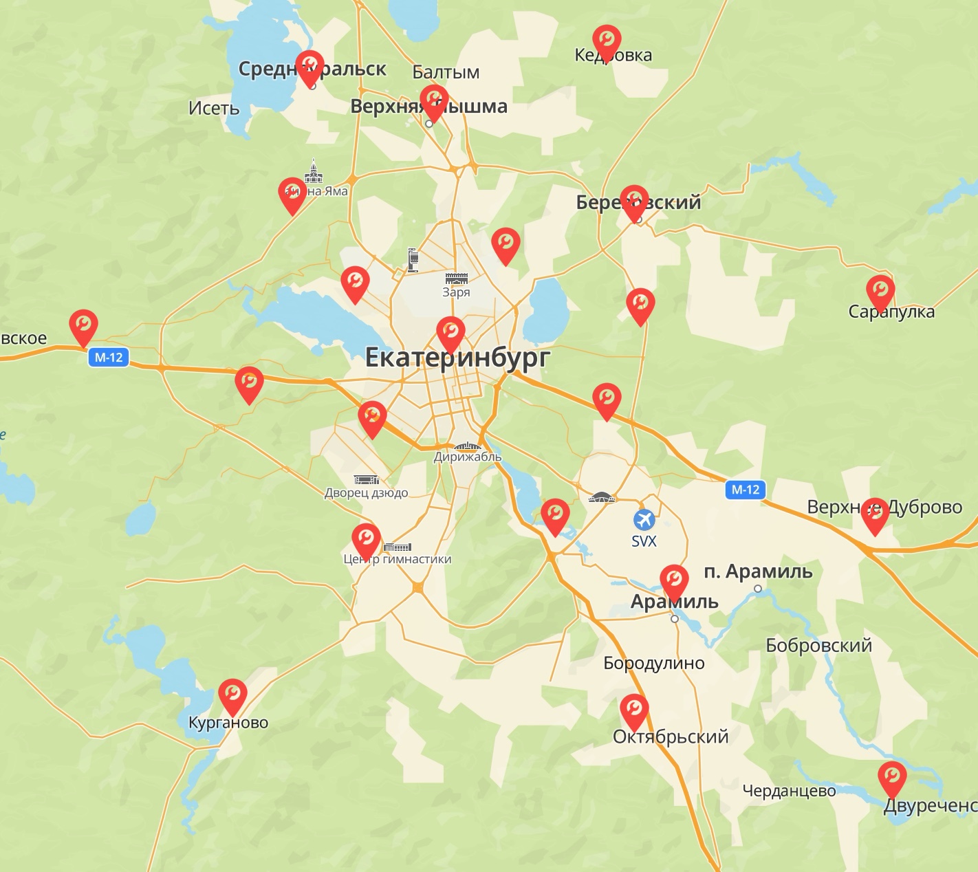 Карта выезда мастеров по Екатеринбургу и области — слив воды с натяжных потолков, Берёзовский, Верхняя Пышма, Арамиль