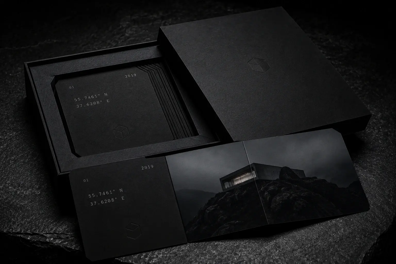 Коробка из черного матового пластика MONOLITH магнитная крышка с едва видимым знаком-гексагоном архив проектов бюро 10 карт внутри музейный бокс
