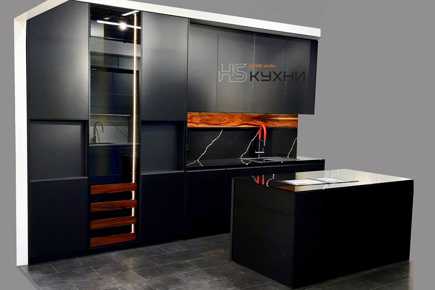 прямая кухня с островом в современном стиле