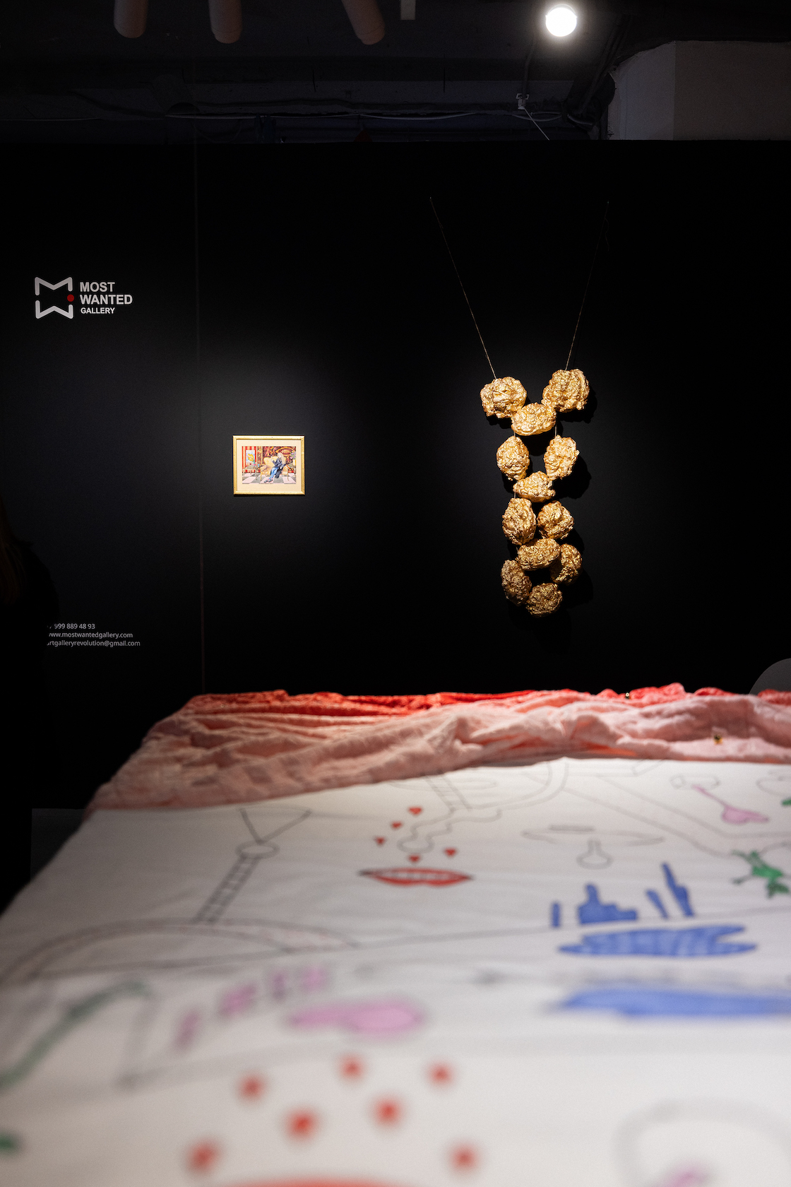 Фрагмент экспозиции Зачем снятся сны? Юли Шафаростовой в Most Wanted Gallery. Графика, объекты, книга, текстиль