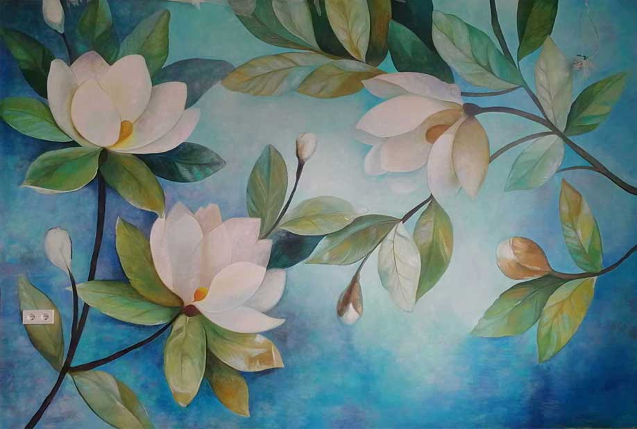 Роспись стен в интерьере, Роспись стен в интерьере эскиз, Роспись стен лотосы, Роспись стен в интерьере лотосы